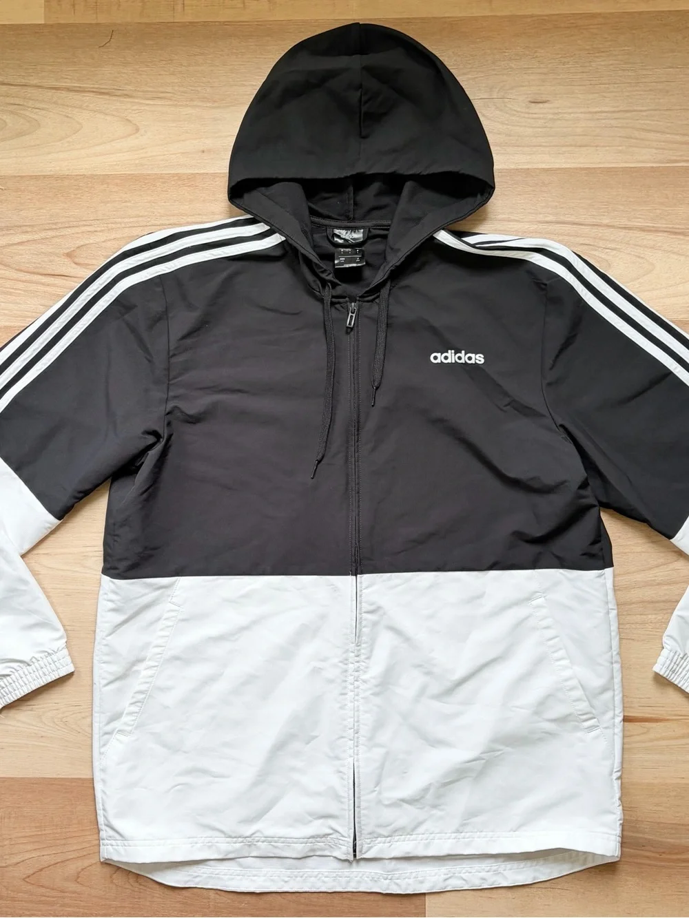 Adidas Men's Color Block Black & White Hooded Windbreaker Jacket